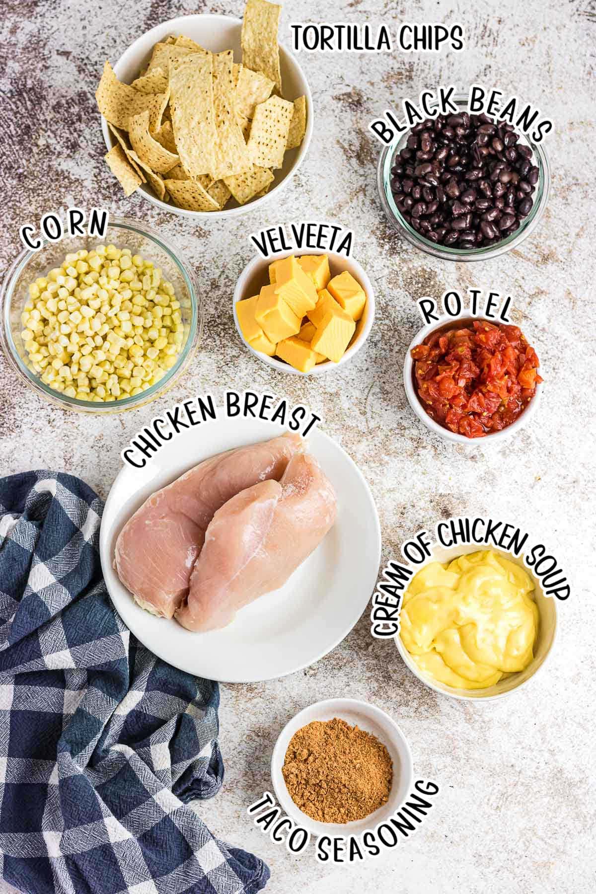 An overhead photo of the recipe ingredients on various plates and bowls.