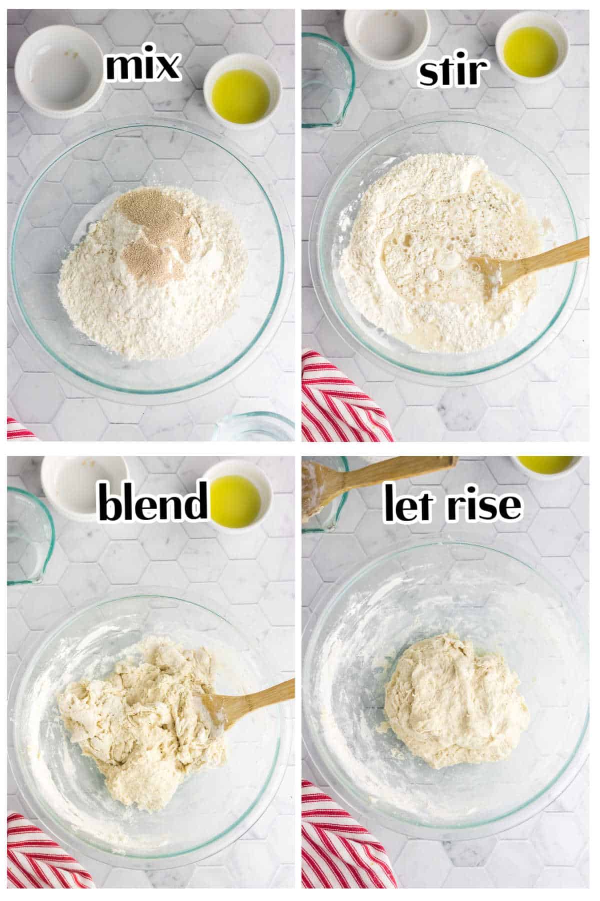 Four images with text overlay depicting how to make bread dough.