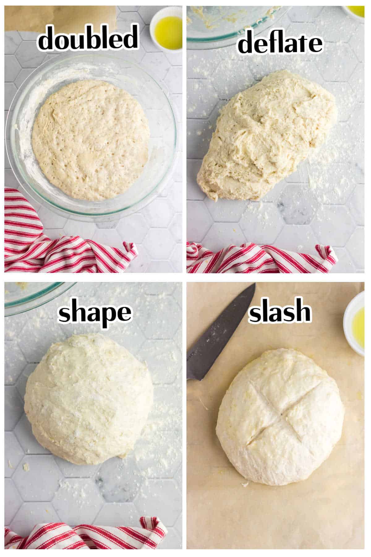 Four images with text overlay showing how to form and make bread.