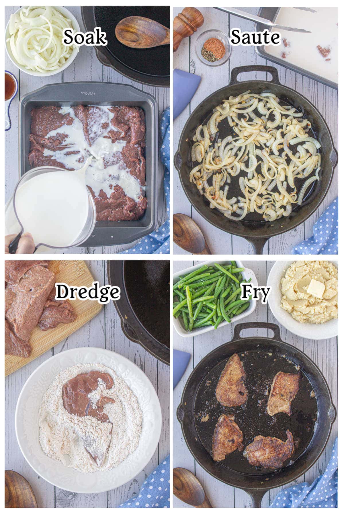 Four recipe steps showing how to make the liver and onions with text overlay.