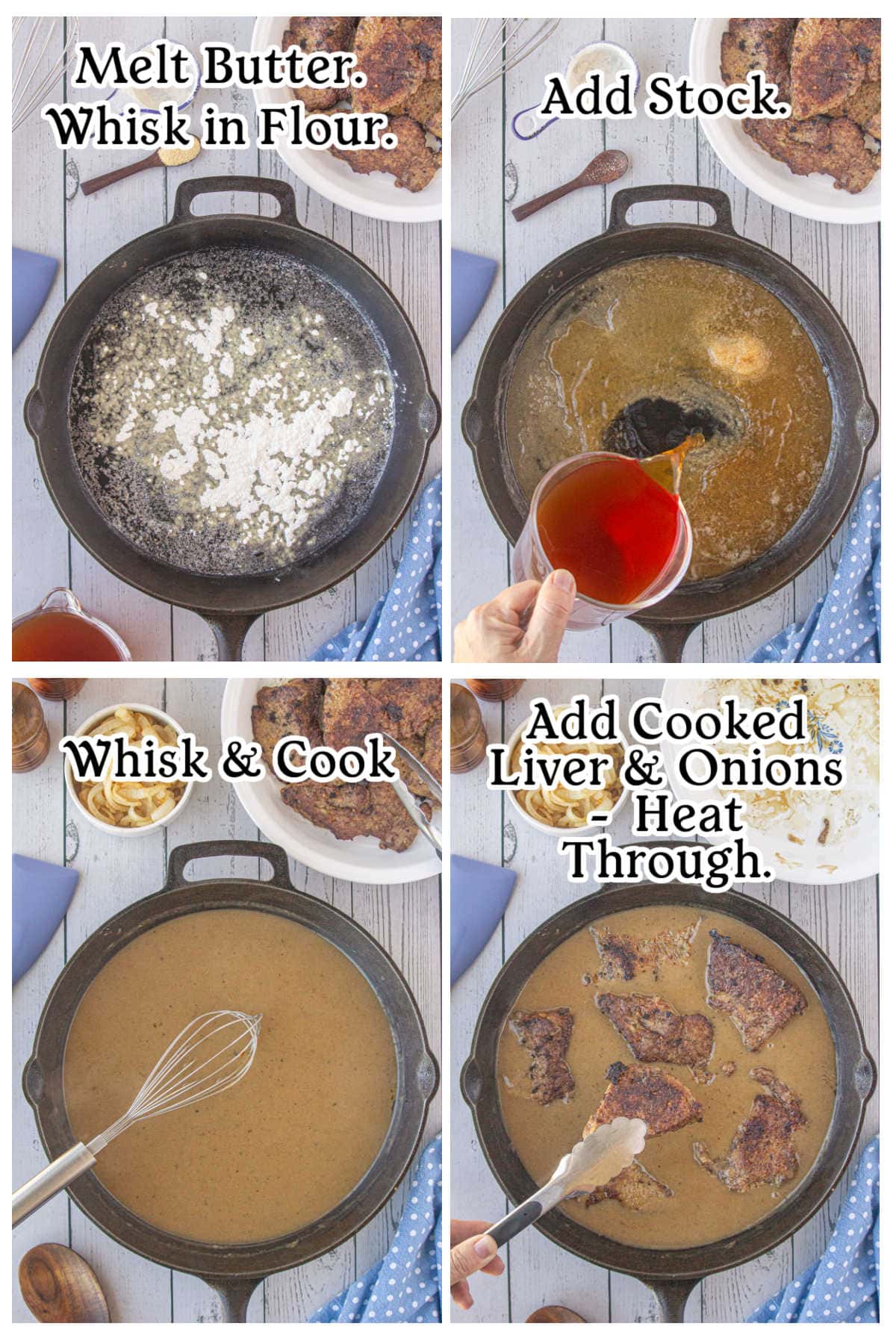 Four images with text overlay showing how to make gravy.