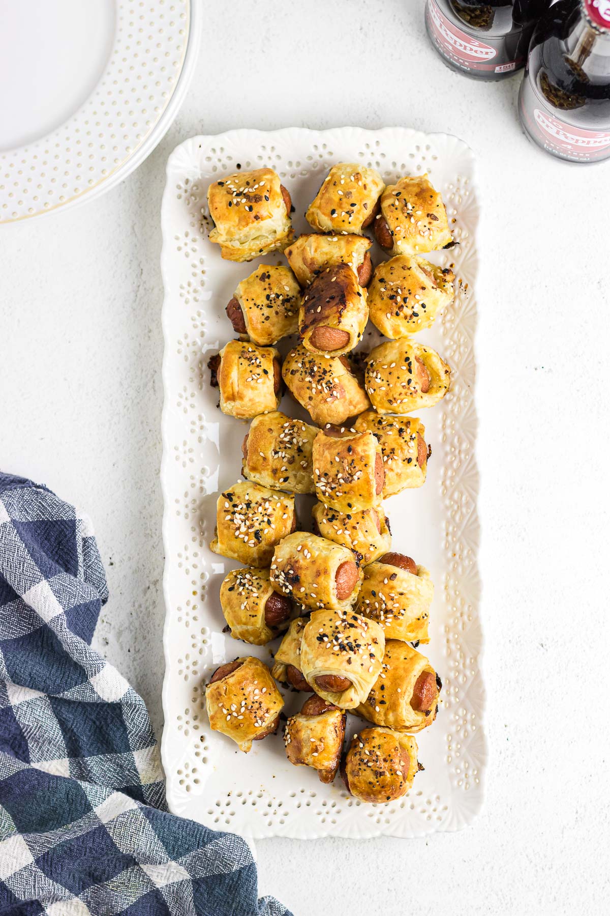 Pigs in a Blanket on a serving tray.