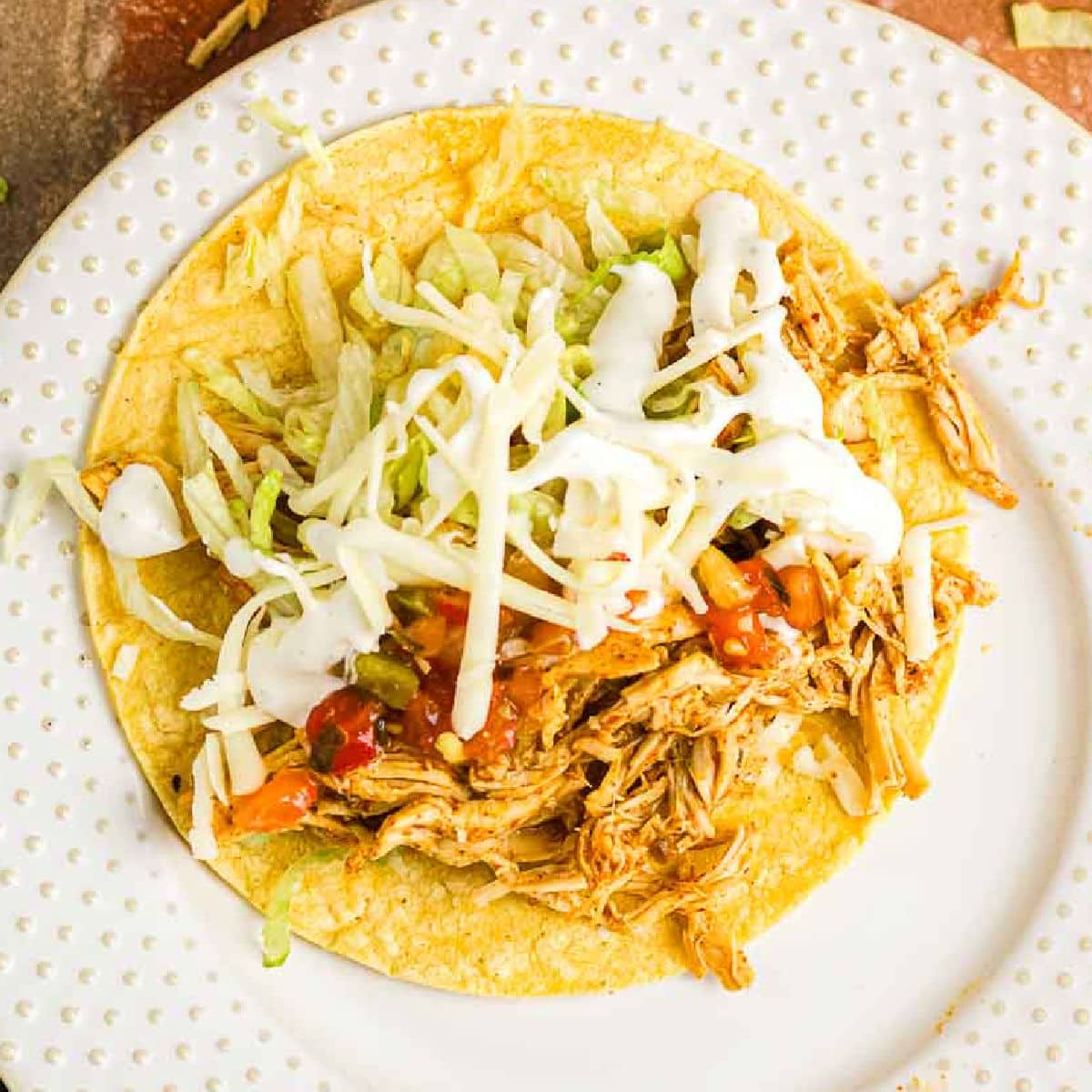 Overhead view of a Ranch chicken taco.