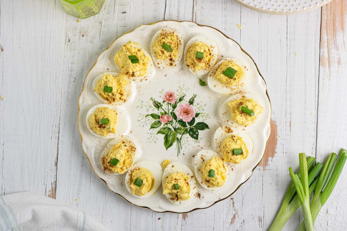 Overhead view of a plate of deviled eggs.