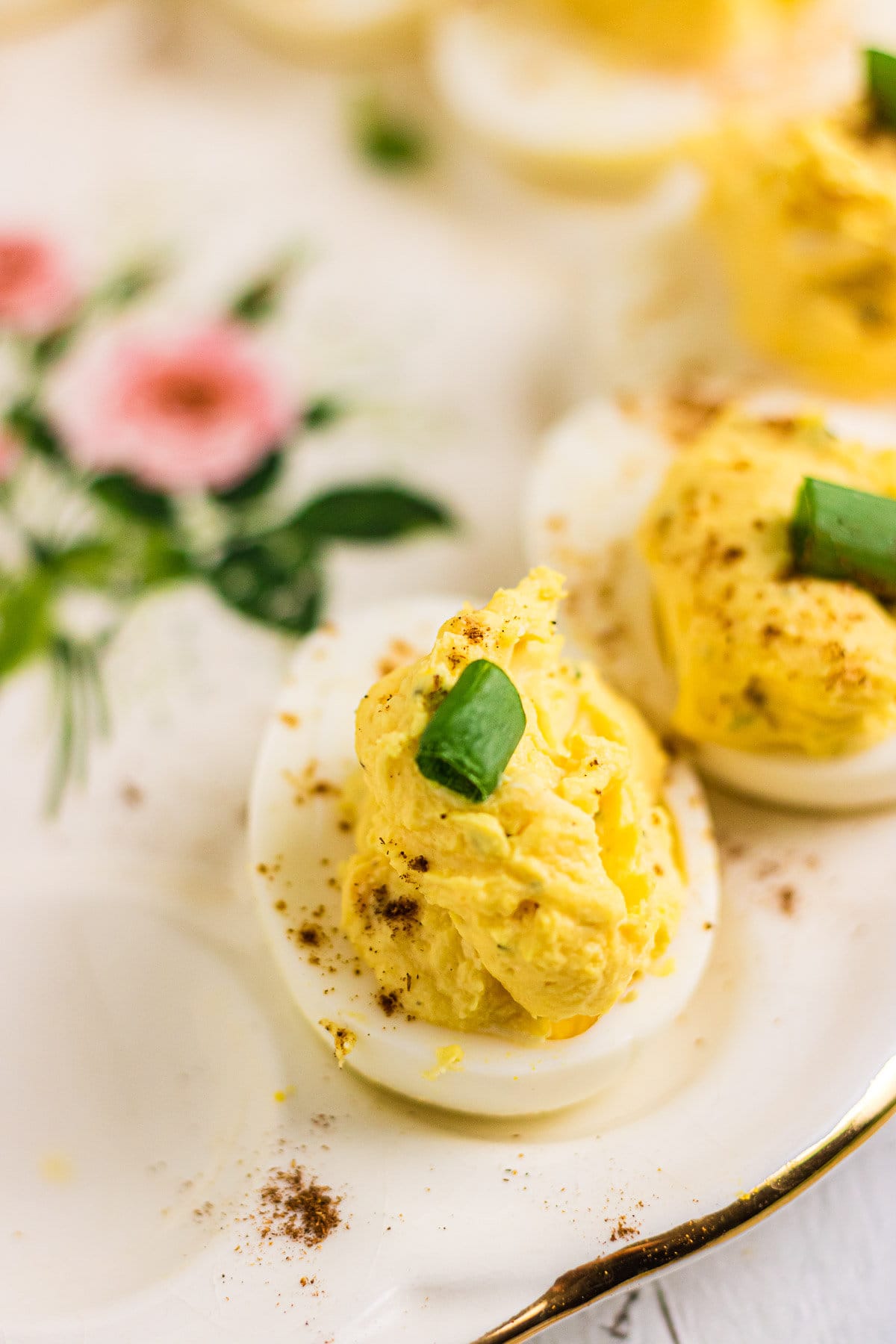 An up-close photo of ranch deviled eggs.