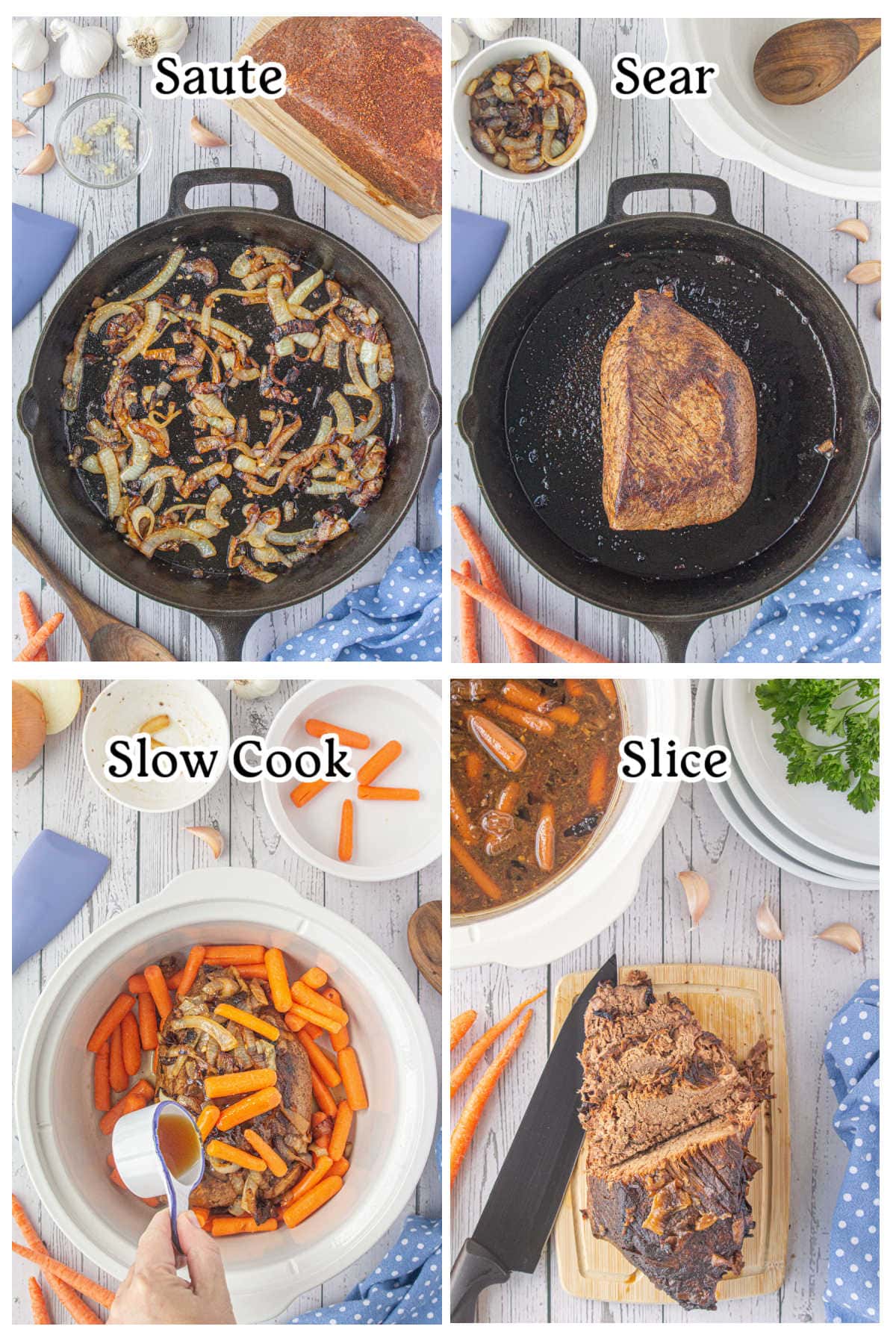 Four images with text overlay illustrating the main recipe steps.