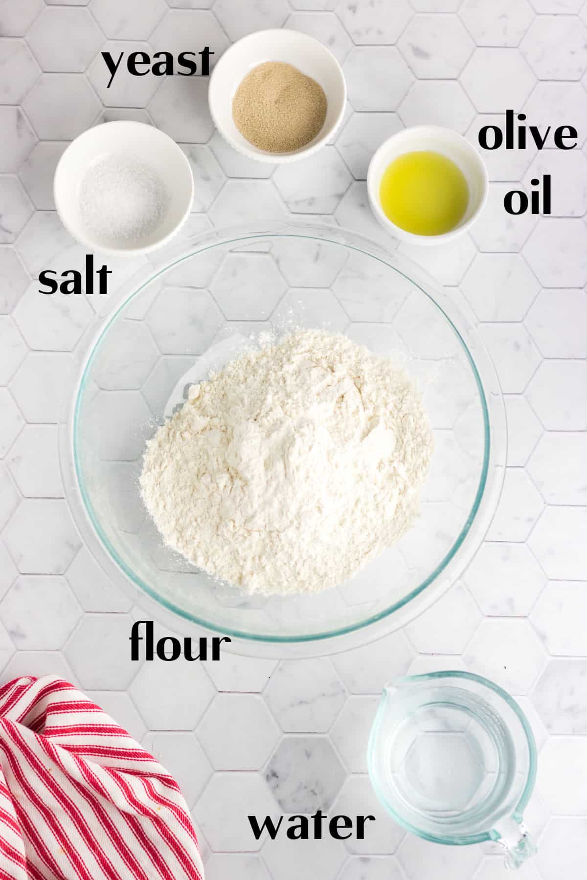 Bread recipe ingredients in bowls with text overlay.