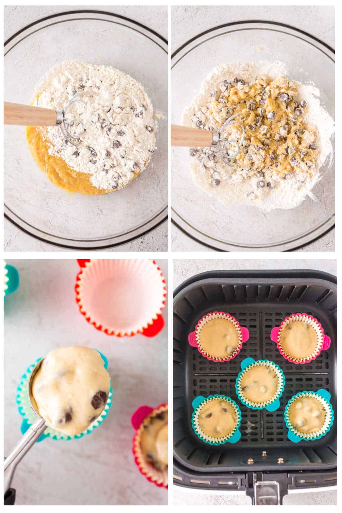 Step by step images showing how to make air fryer chocolate chip muffins.