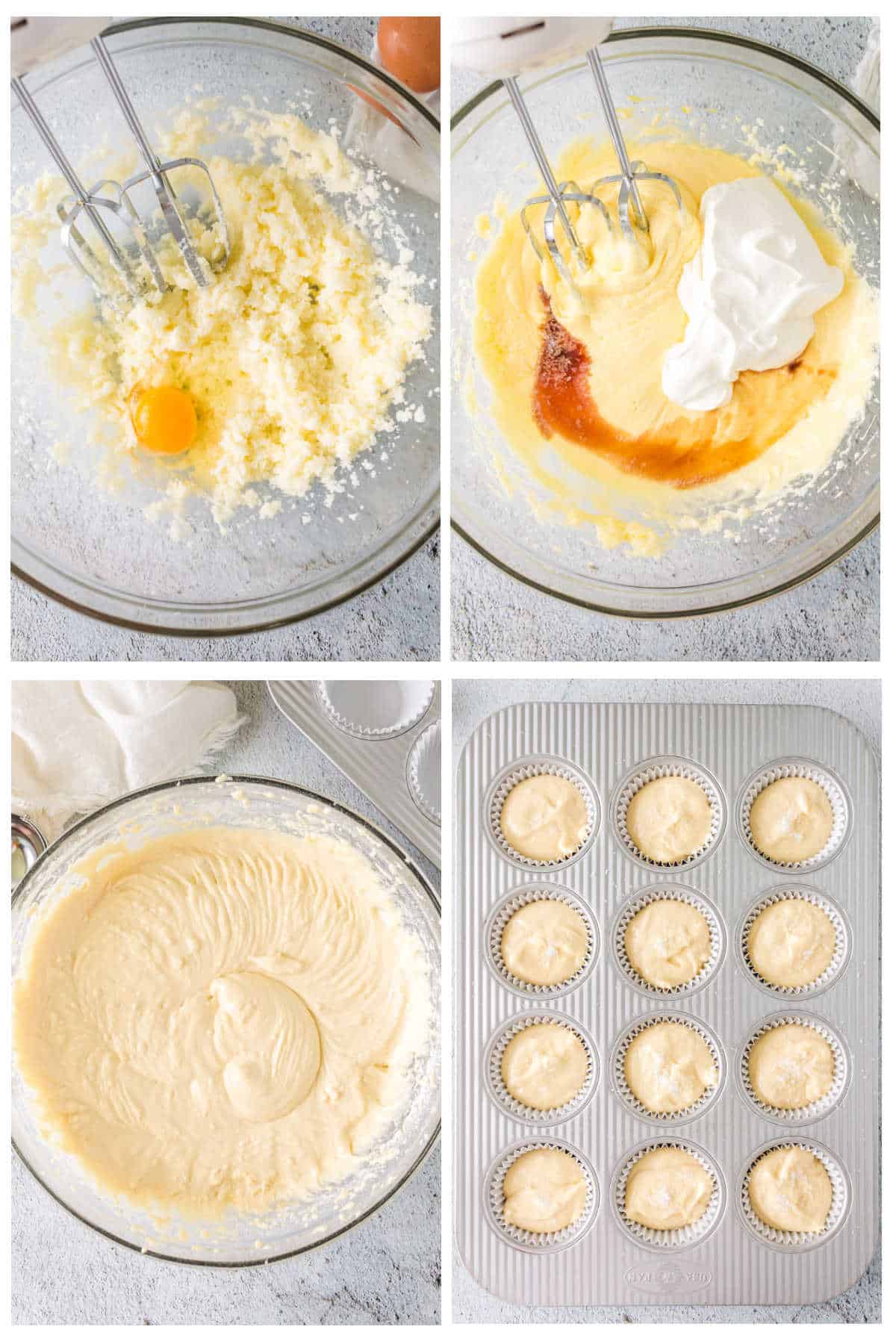 Step by step images showing how to make the vanilla muffins.