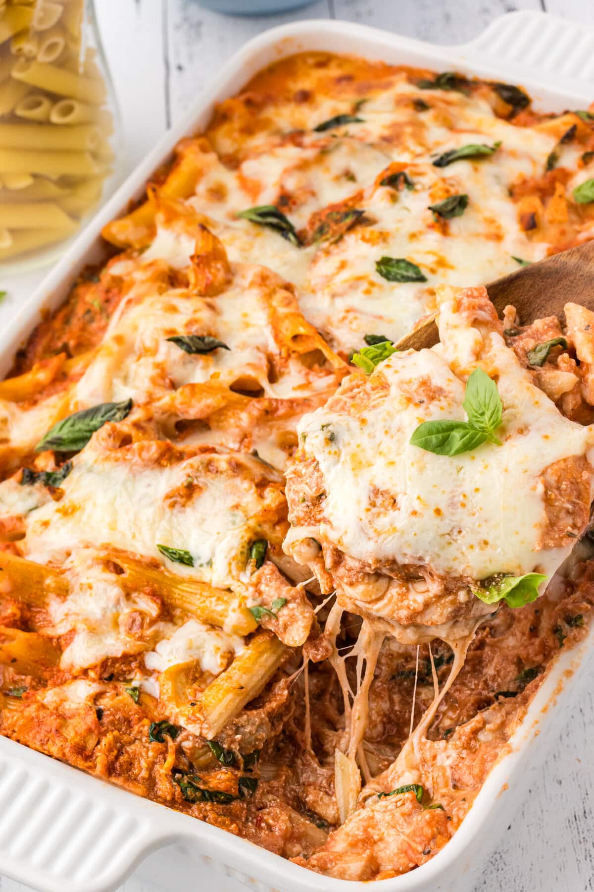 Ricotta chicken pasta in a casserole dish.