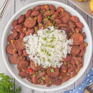 Overhead view of a bowl of red beans and rice recipe.