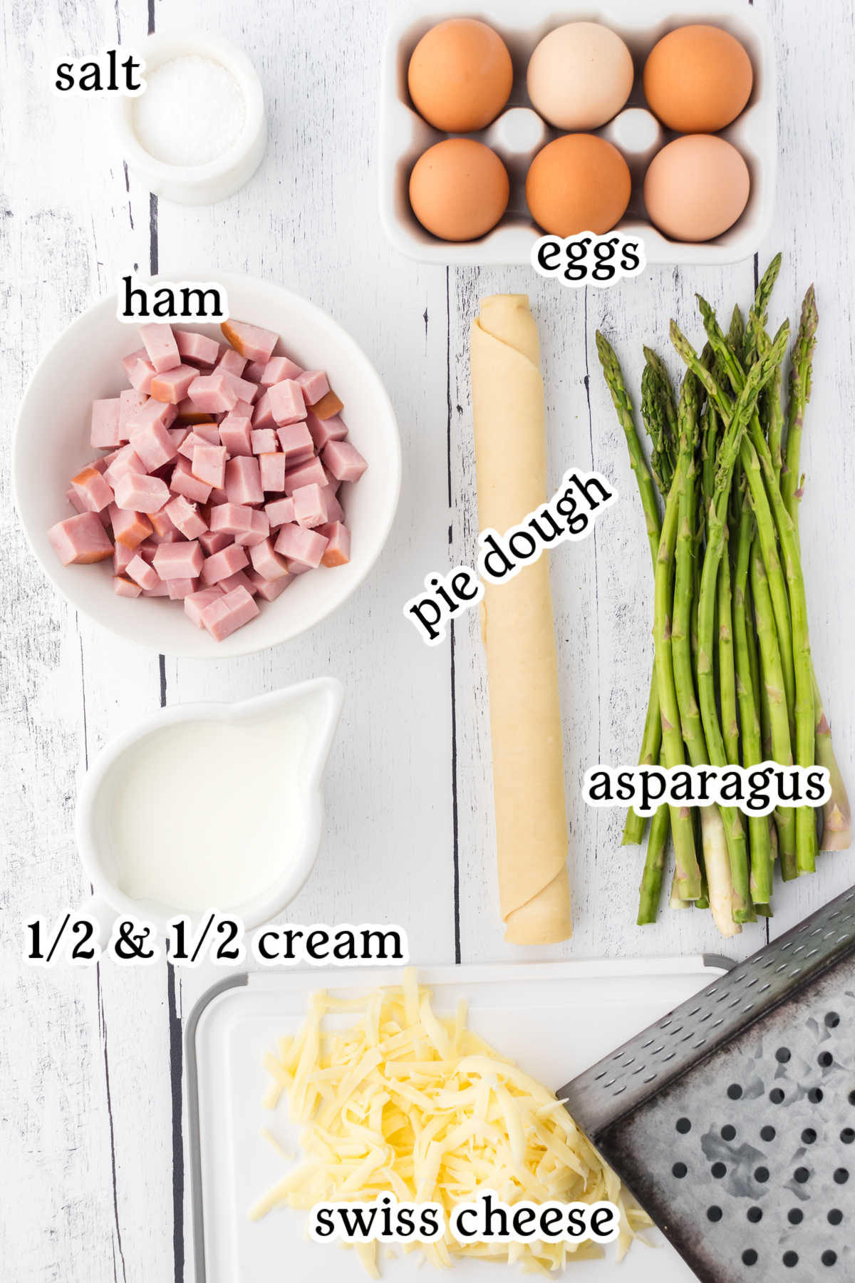Labeled ingredients for ham and asparagus quiche.