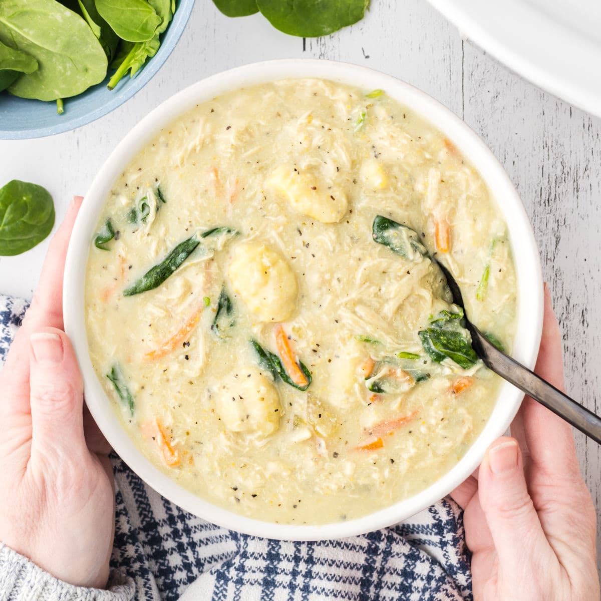 Overhead view of hands holding a bowl of creamy chicken gnocchi soup.