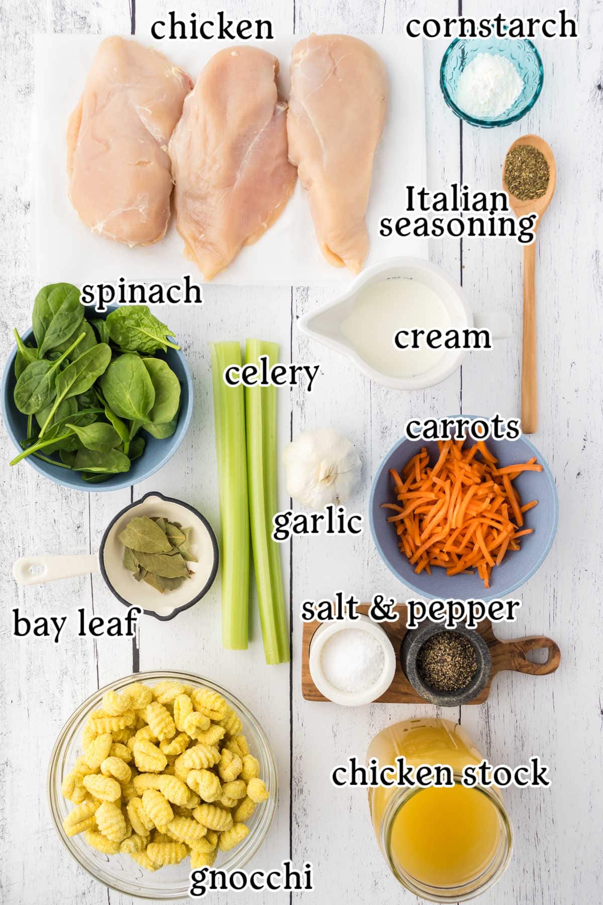Labeled ingredients for slow cooker chicken gnocchi soup.