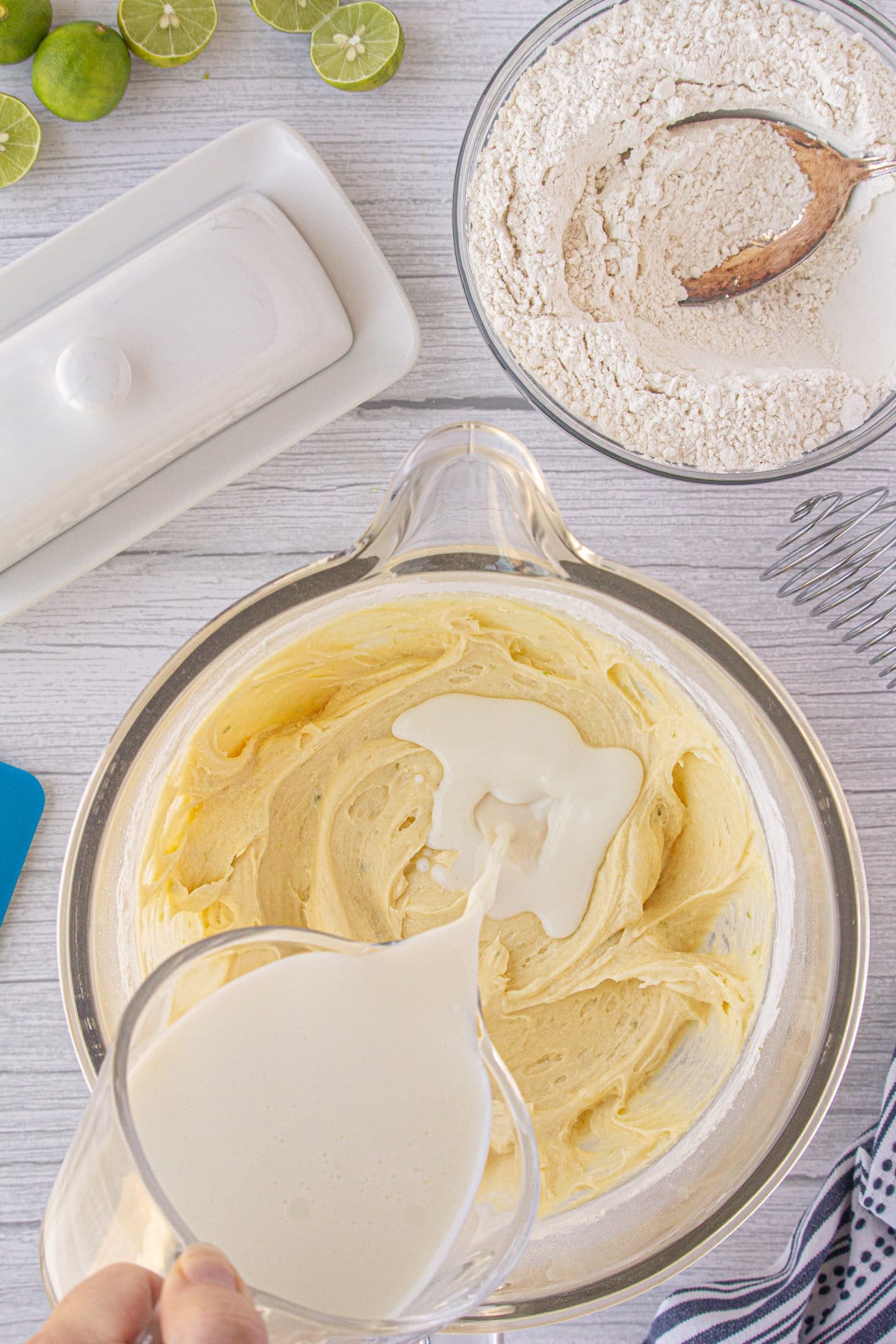 Adding the wet ingredients into the batter.