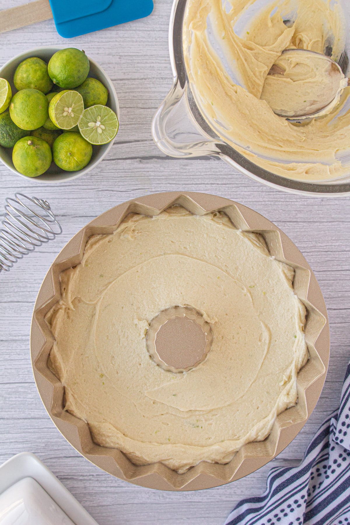 Batter in a bundt cake pan.