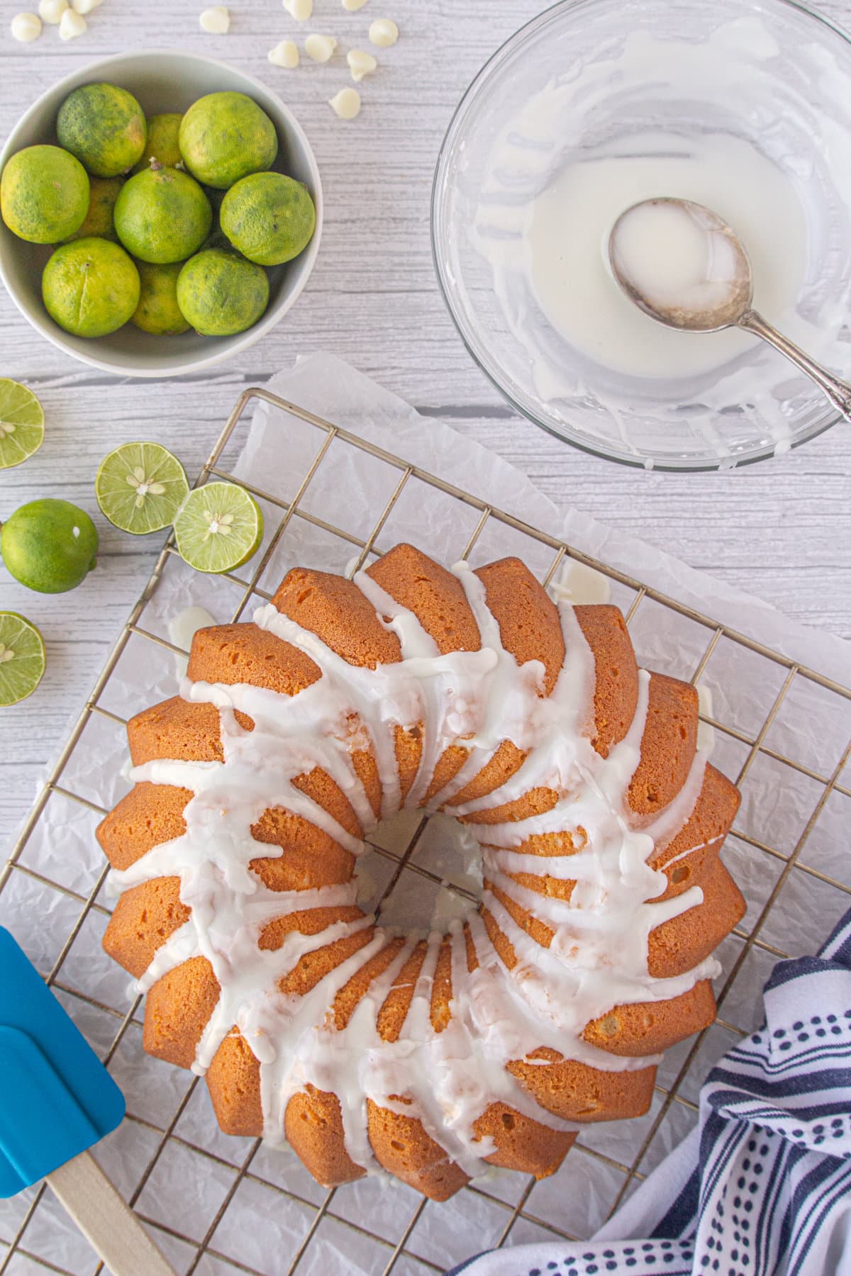 Cooled key lime bunt cake glazed with key lime glaze.