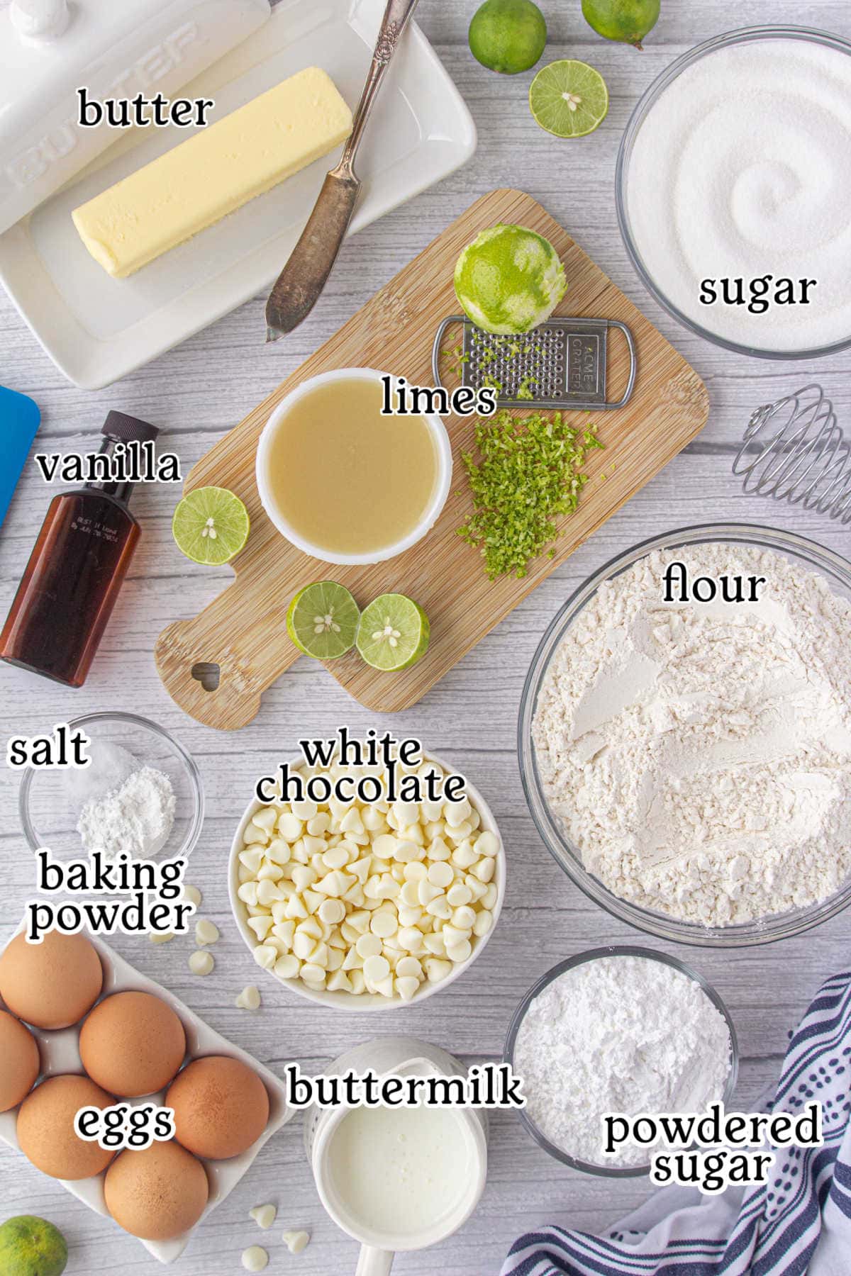 Ingredients for key lime bundt cake on a table.