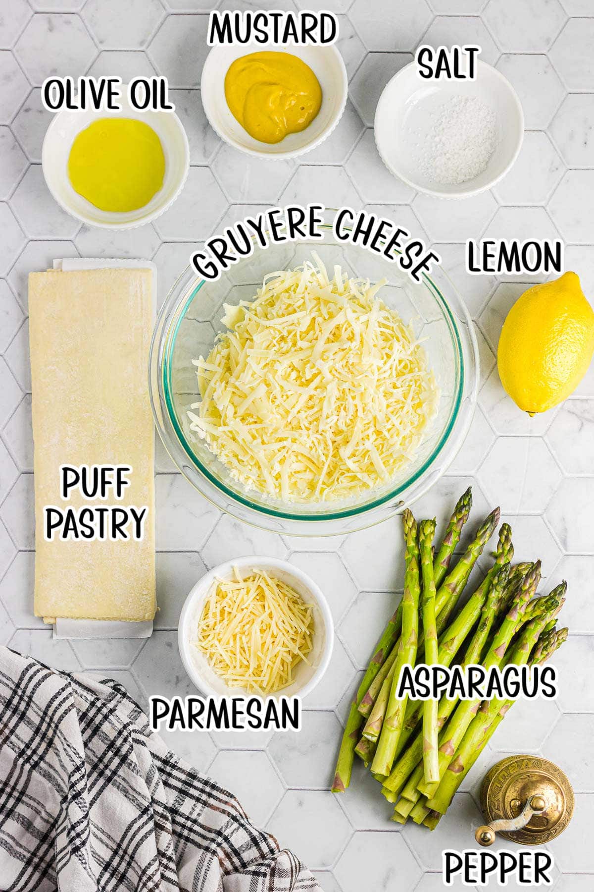 Labeled ingredients for asparagus tart.