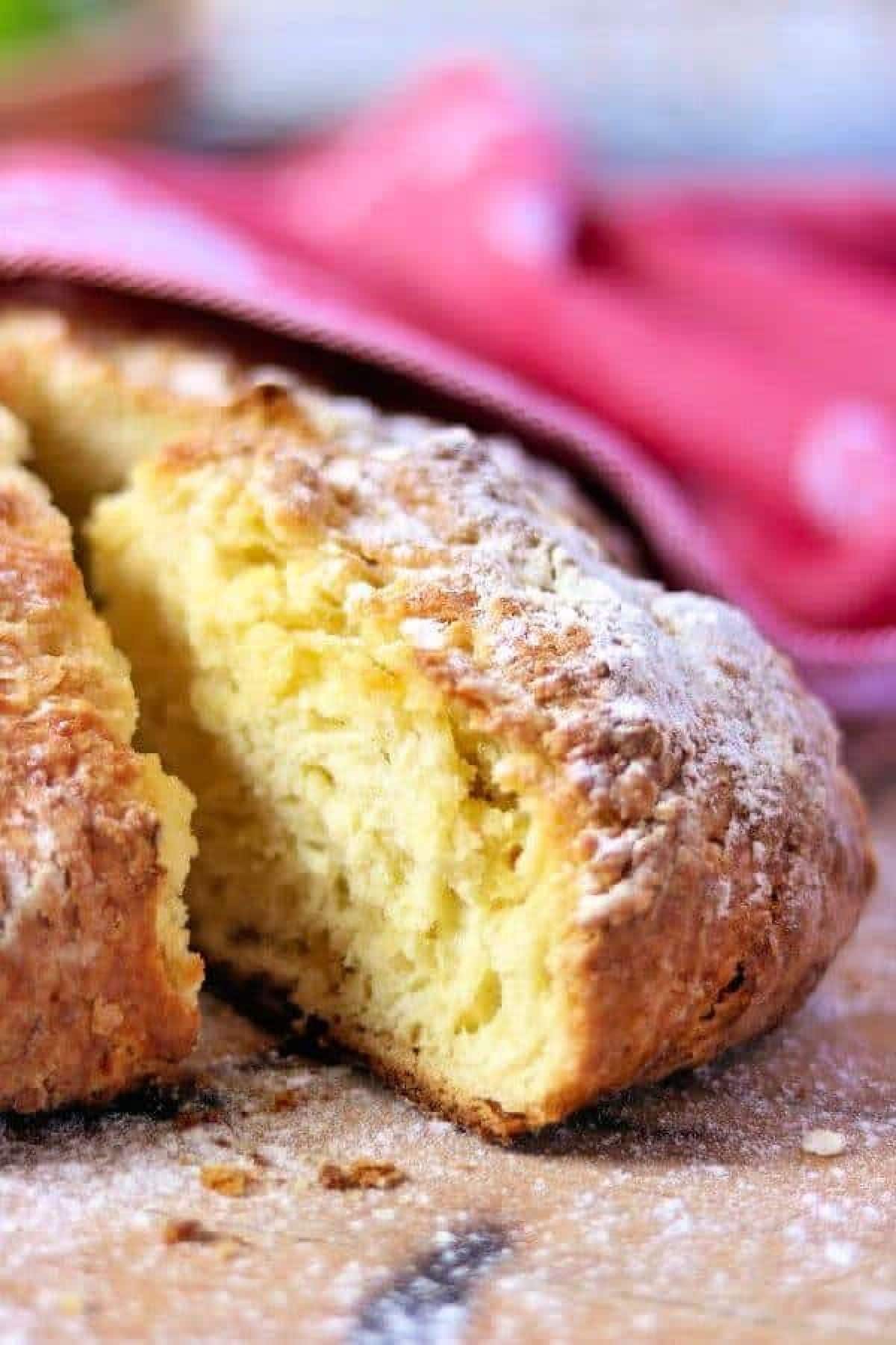 Closeup of a slice or Irish soda bread.