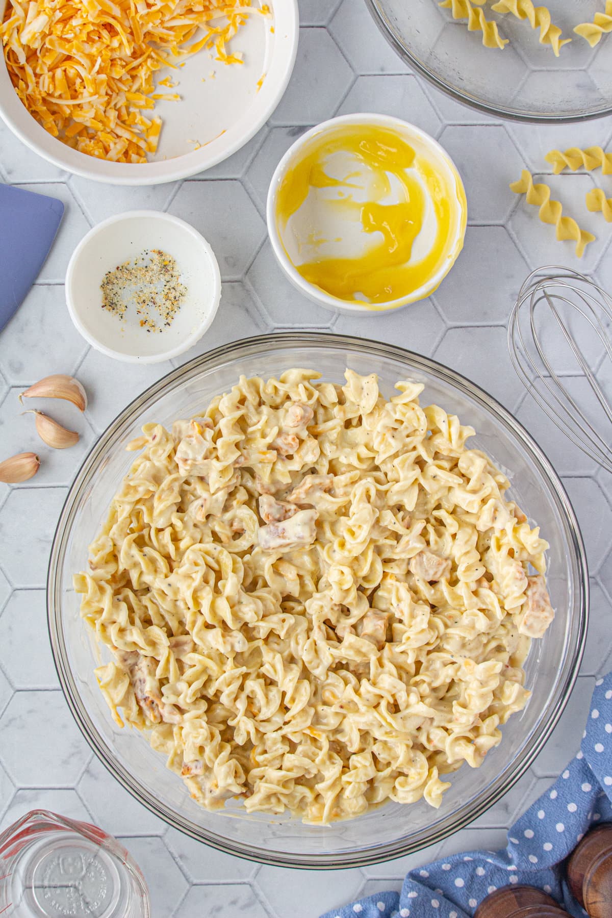 All of the ingredients combined in the mixing bowl.