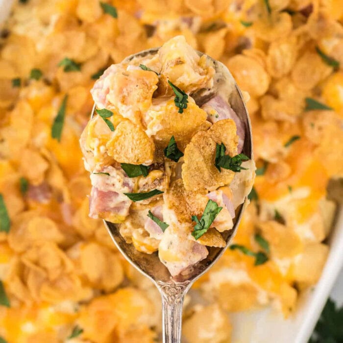 Eggless breakfast hashbrown casserole being served.