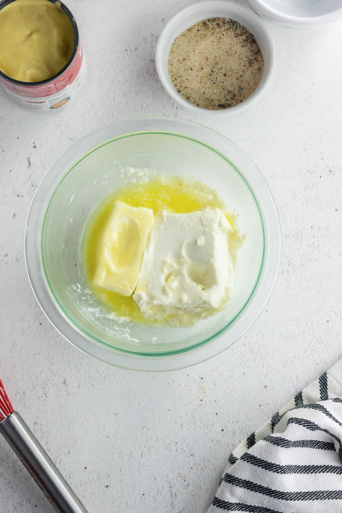 Soften butter and cream cheese.