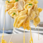 Creamy, cheesy chicken and noodles being lifted from a casserole dish with title text overlay for Pinterest.