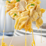 Creamy, cheesy chicken and noodles being lifted from a casserole dish with title text overlay for Pinterest.