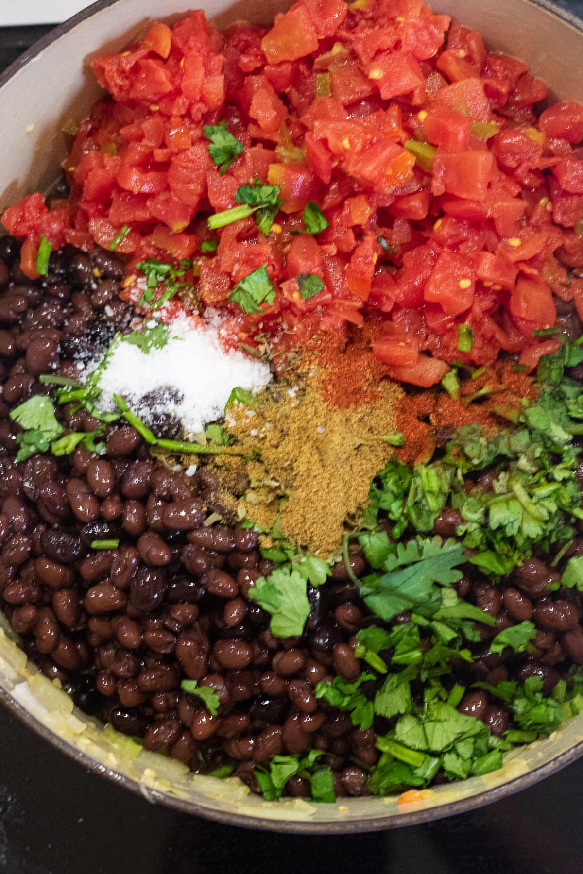 Tomatoes, beans, and other ingredients in a pot ready to simmer.