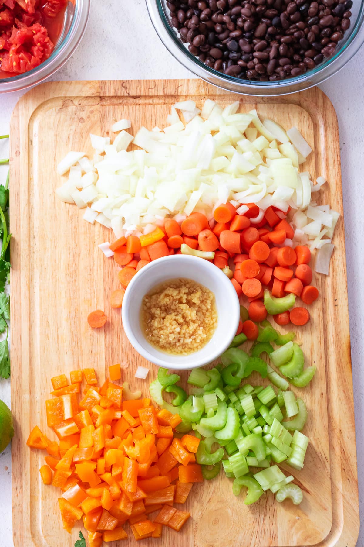 Chopped vegetables on a cutting board.