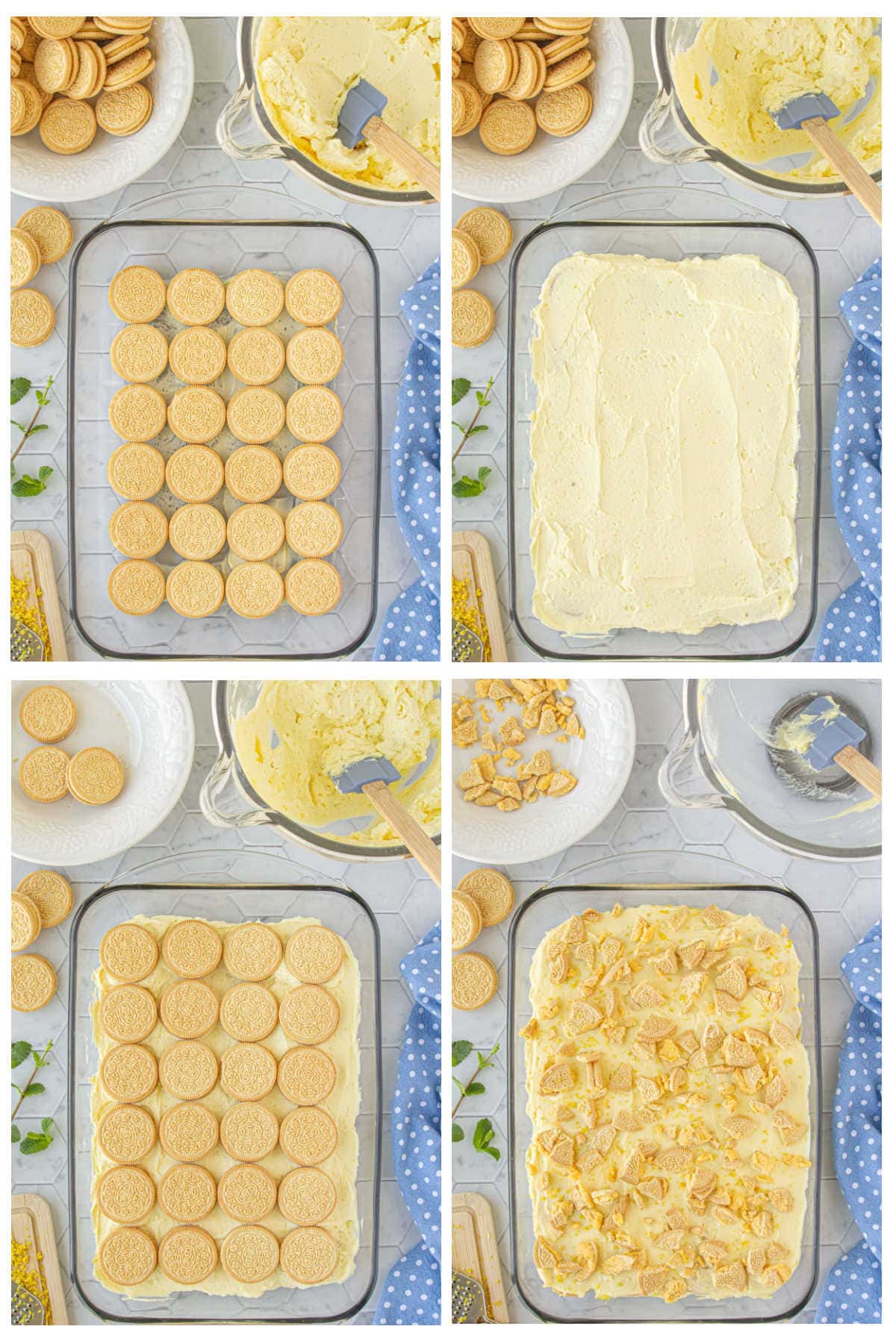 Step by step images showing how to layer the lemon Oreo icebox cake, starting with Oreos, then covering with part of the cream, then another layer of Oreos, then cream, then crushed Oreos to finish.