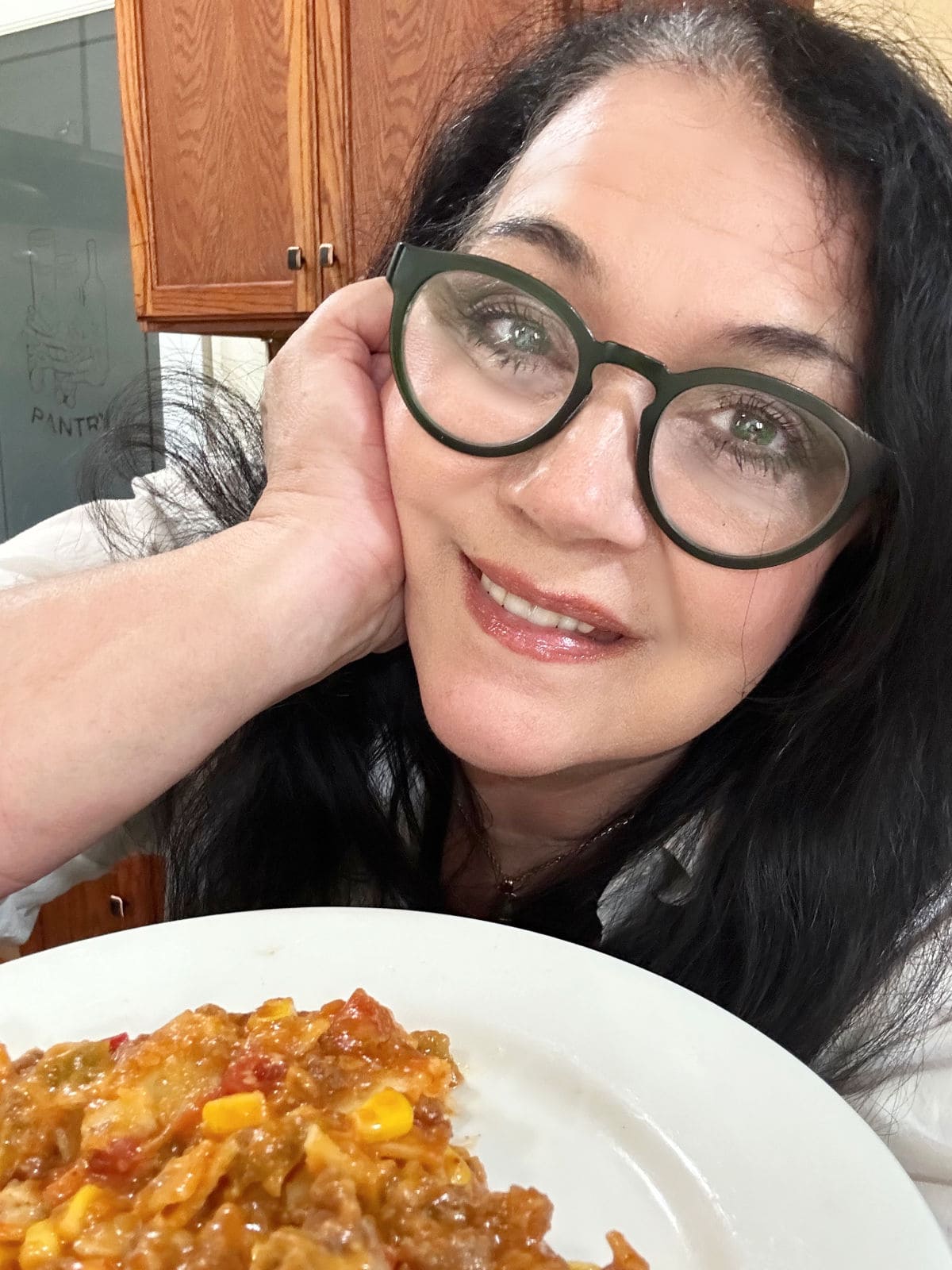 Marye Audet, founder of Restless Chipotle Media with skillet tamale casserole.