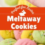 A collage of images showing pastel colored mint meltaway cookies with a title text overlay for Pinterest.