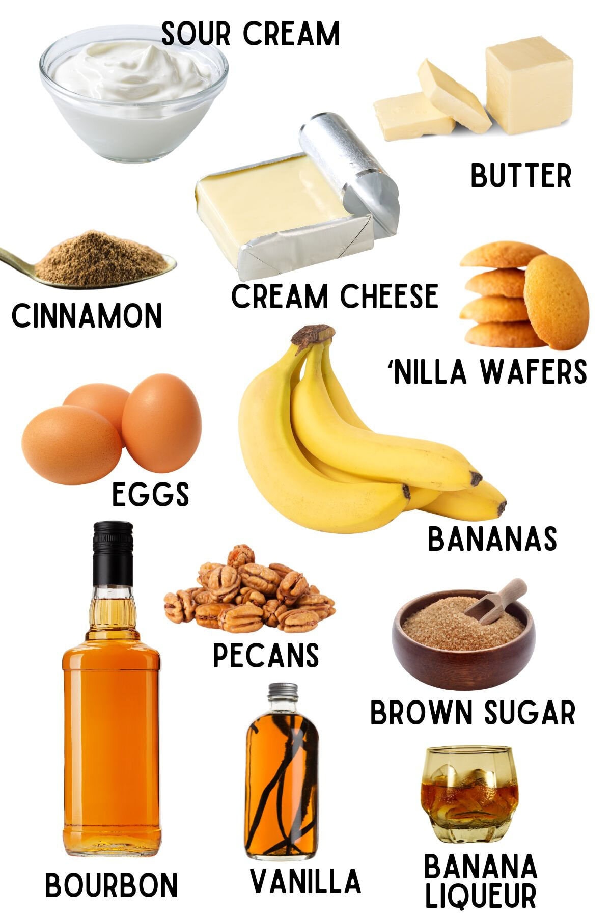 Labeled ingredients for this bananas foster cheesecake recipe.