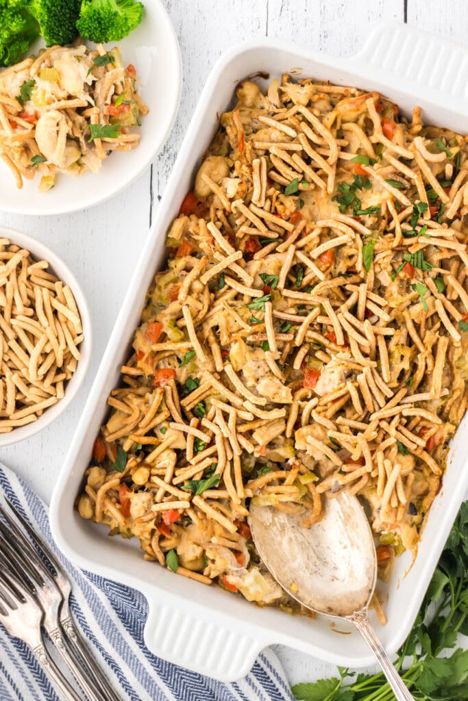 Overhead view of the finished tuna casserole with chow mein noodles.