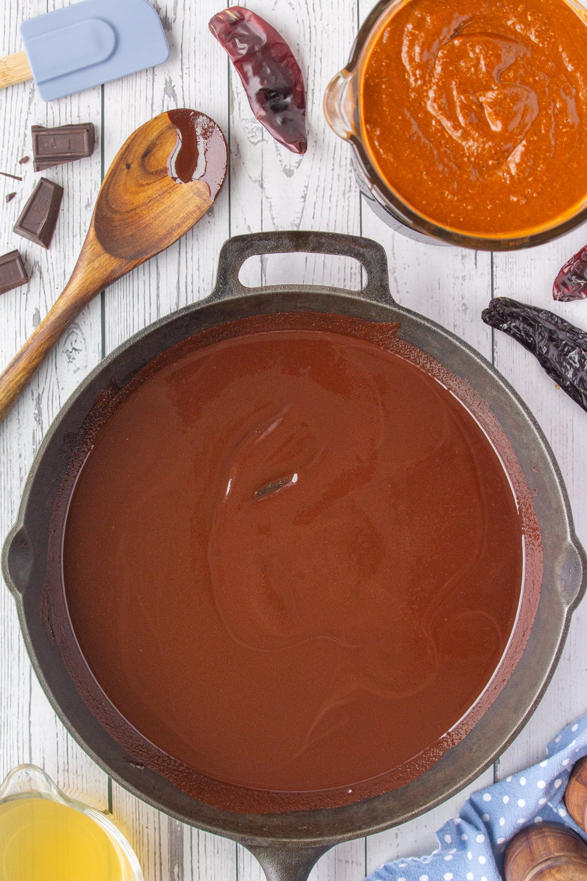 The chocolate and chile have been melted and stirred together.