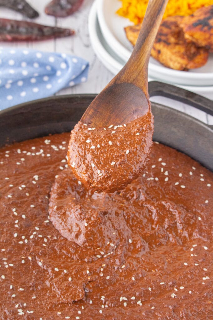 Rich, dark mole sauce on a wooden spoon.
