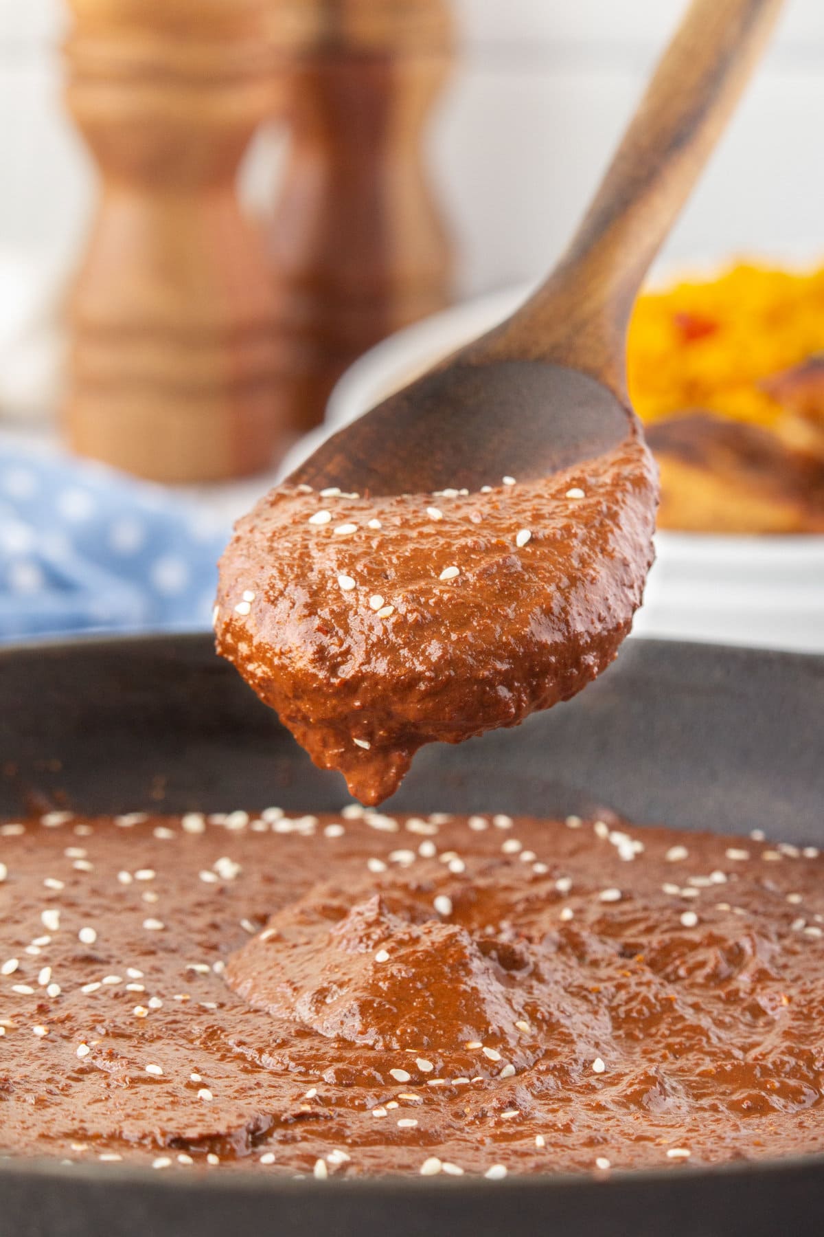 A wooden spoon dipped in the mole sauce.