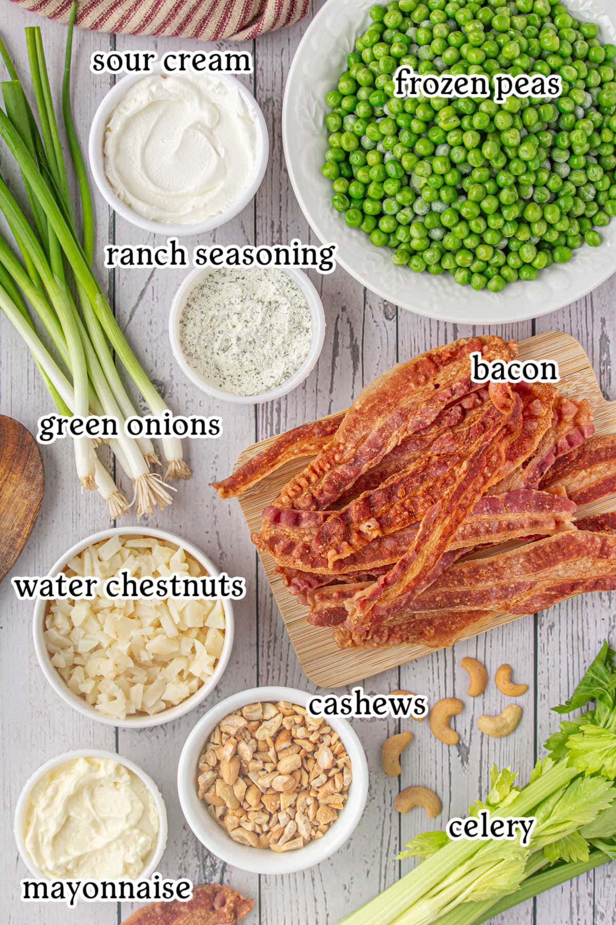 Labeled ingredients for this recipe on a white table.
