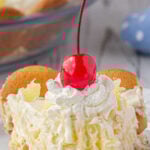 A slice of pineapple pie with a title text overlay for Pinterest.