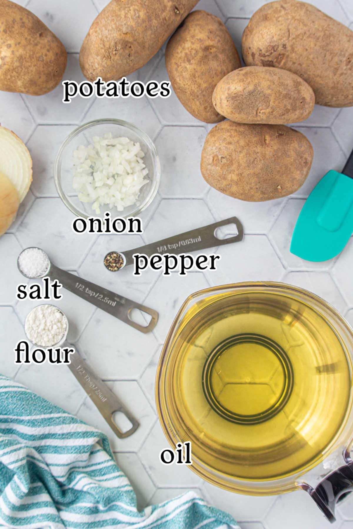 Labeled ingredients for tater tots recipe.
