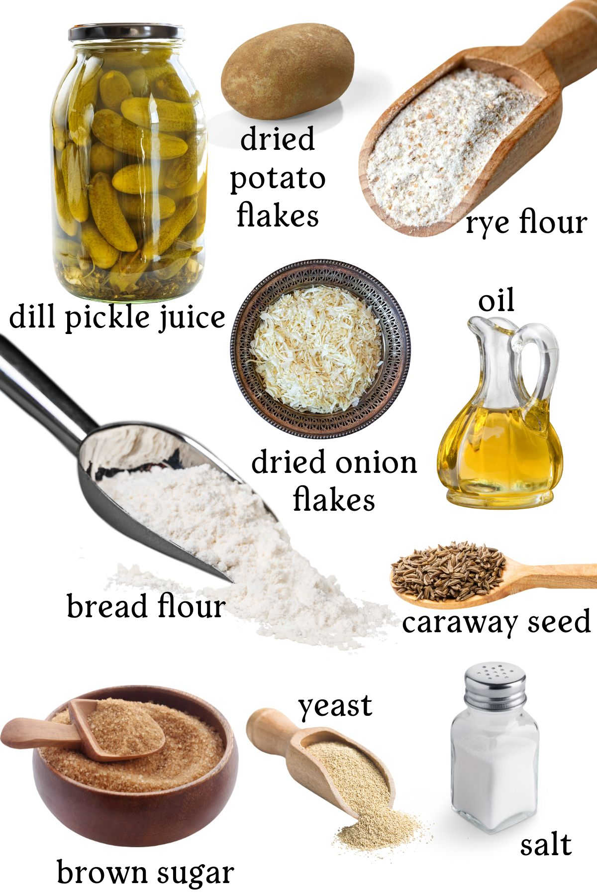Labeled ingredients for this Jewish rye bread recipe.