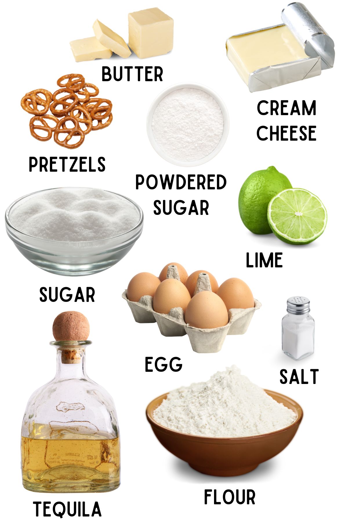 Labeled ingredients for margarita pound cake.