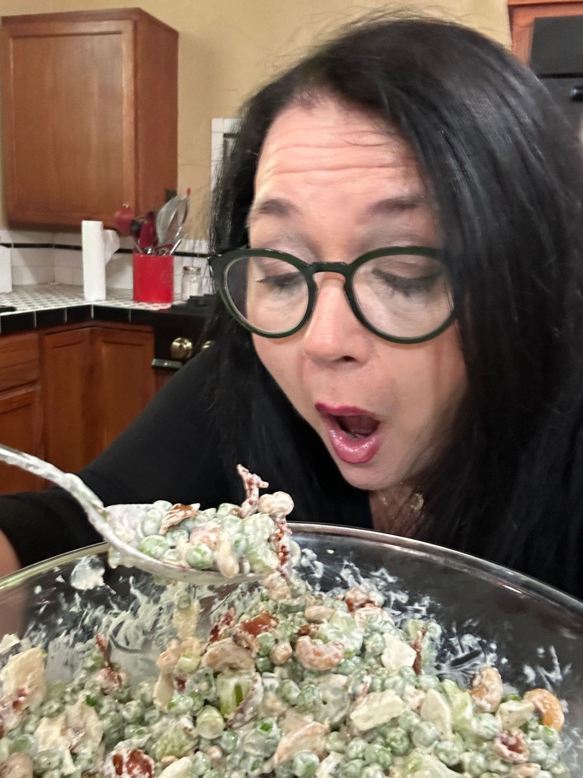 Marye Audet enjoying this vintage pea salad recipe.