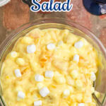 Overhead view of orange cream salad with a title text overlay for Pinterest.