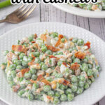 A bowl of pea salad on a table with title text overlay for Pinterest.