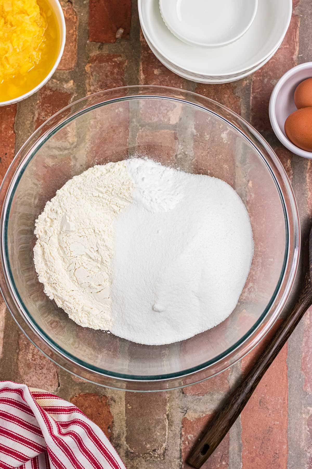 The dry cake ingredients in a mixing bowl.