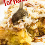 A fork breaking off a piece of Texas tornado cake with a title text overlay for Pinterest.