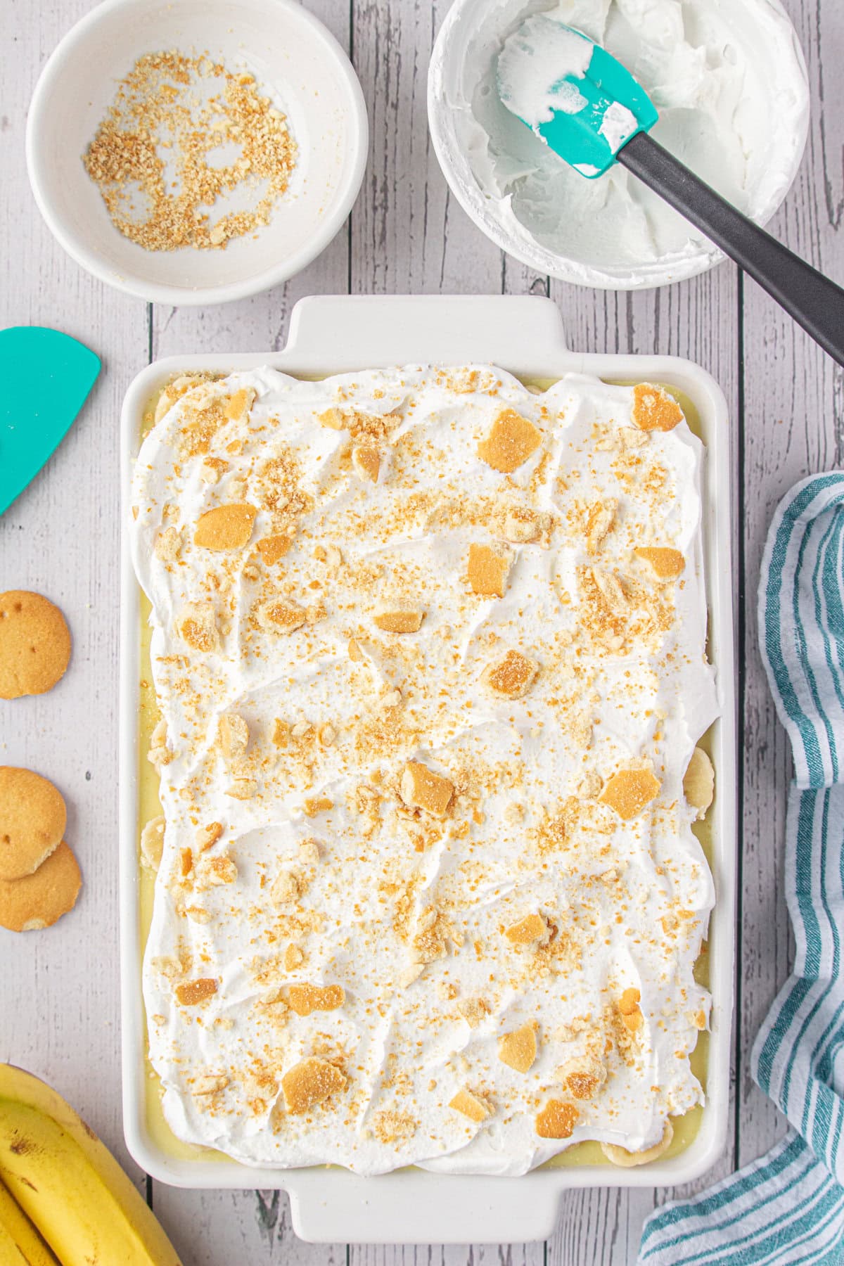 Cool Whip and 'Nilla Wafters cover the finished cake.